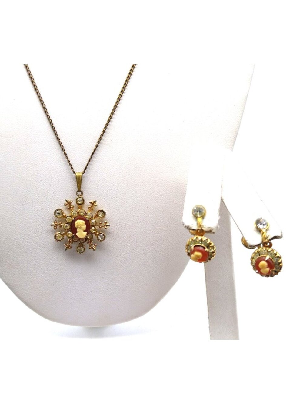 Vintage Tiny Cameo with Crystal Halo Pendant Necklace and Screwback Earrings
